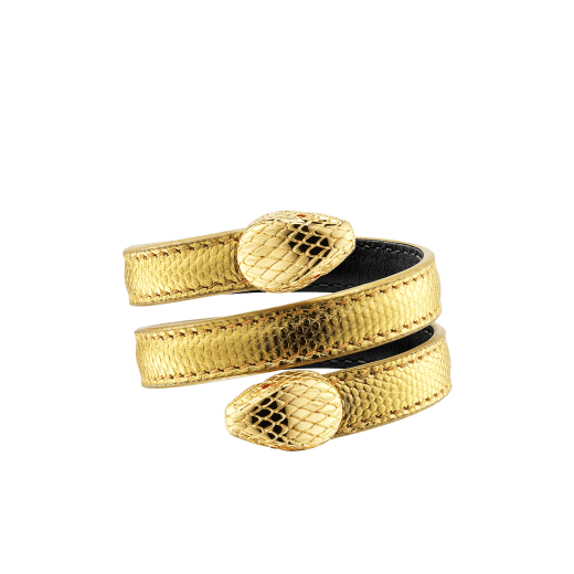 "Serpenti Forever" multi-coil Cleopatra bangle in "Molten" gold karung skin, offering a touch of radiance for the Winter Holidays. New double Serpenti head in gold-plated brass, complete with ruby-red enamel eyes. Cleopatra-MK-G image 1
