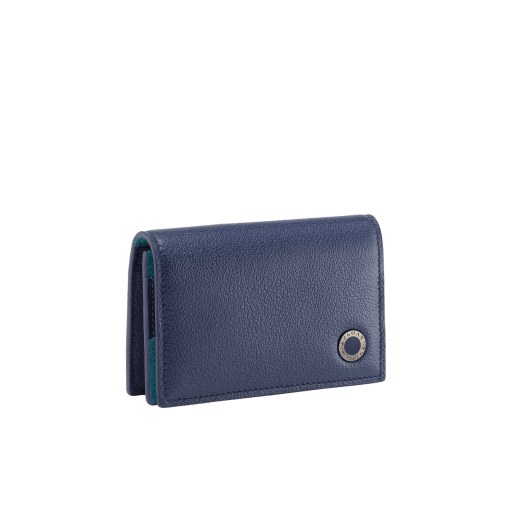 Bvlgari Bvlgari Man card holder in indigo topaz Urban grained calf leather with arctic jade details. Iconic dark ruthenium-plated brass embellishment with indigo topaz enamel and flap closure. BBM-BCHOLDERASYM image 1