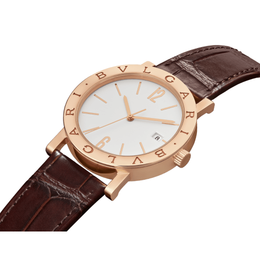 BULGARI BULGARI watch with mechanical automatic in-house movement, 18 kt rose gold case and bezel engraved with double logo, white opaline dial and brown alligator bracelet. Water resistant up to 50 meters 103968 image 2