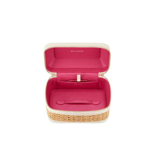 Serpenti Forever jewelry box bag in ivory opal Urban grain calf leather with black nappa leather lining. Captivating snakehead zip pullers and chain strap decors in light gold-plated brass. 1177-UCL image 4