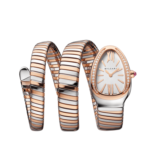 Serpenti Tubogas Lady watch, 35 mm stainless steel curved case, 18 kt rose gold bezel set with diamonds, 18 kt rose gold crown set with a cabochon-cut rubellite, silver opaline dial with guilloché soleil treatment, double spiral bracelet in stainless steel and 18 kt rose gold. Quartz movement, hours and minutes functions. Water proof 30 m. 103149 image 1
