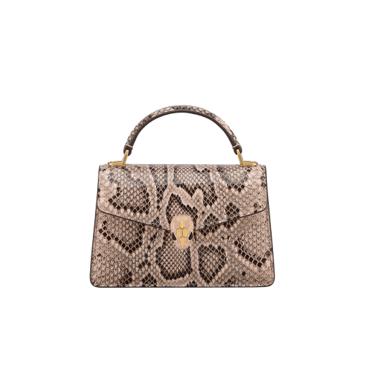 Serpenti Forever mini top handle bag in mint tourmaline shiny python skin with mint tourmaline nappa leather lining. Captivating snakehead magnetic closure in gold-plated brass embellished with misty jade enamel and gold-plated brass scales, and black onyx eyes. SEA-001-1283XS-EX image 1