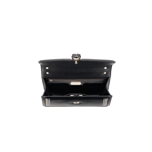“Serpenti Diamond Blast” shoulder bag in black smooth calf leather, featuring a 3-Chain motif in light gold and palladium finishing. Iconic snakehead closure in light gold plated brass enriched with black and white enamel and black onyx eyes 922-3CFCL image 4