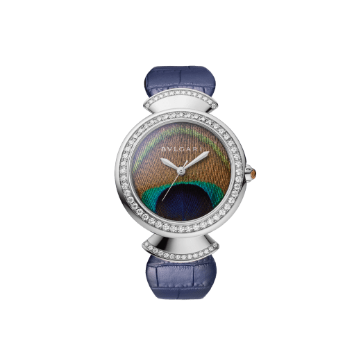 DIVAS' DREAM watch with mechanical manufacture movement, automatic winding, 18 kt white gold case, 18 kt white gold bezel and fan-shaped links both set with brilliant-cut diamonds, natural peacock feather dial and blue alligator bracelet 103263 image 1