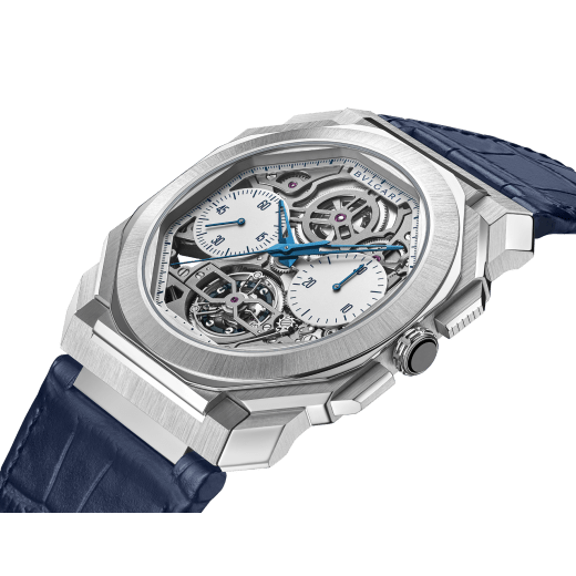 Octo Finissimo Tourbillon Skeleton Chronograph watch with mechanical manufacture ultra-thin movement (3.50 mm thick), automatic winding, single-push chronograph and tourbillon, 43 mm platinum case, openwork dial with grey chronograph counters and blue alligator bracelet. Water-resistant up to 30 metres. Limited Edition of 30 pieces. 103510 image 2