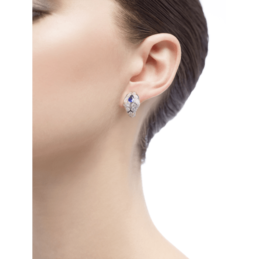 Serpenti 18 kt white gold earrings set with a blue sapphire on the head, emerald eyes and pavé diamonds 355355 image 3