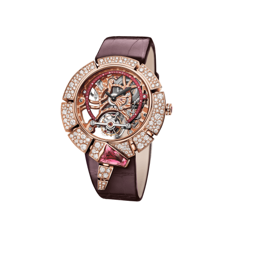 Serpenti Incantati Limited Edition watch with mechanical manufacture skeletonized movement, tourbillon and manual winding. 18 kt rose gold case set with brilliant cut diamonds, transparent dial and burgundy alligator bracelet. 102540 image 1