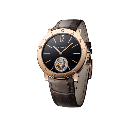 BVLGARI ROMA Finissimo Tourbillon watch with mechanical movement, manual winding and ball-bearing system, 18 kt rose gold case, black lacquered dial with tourbillon see-through opening and brown alligator bracelet 102362 image 1