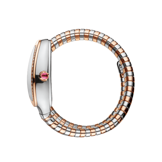 Serpenti Tubogas 單螺旋腕錶，18K 玫瑰金和精鋼材質，錶圈鑲飾鑽石，綠色漆面太陽紋錶盤。防水深度 30 公尺。 SERPENTI-TUBOGAS-1T-greenDialDiam image 3