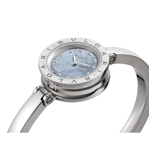 B.zero1 watch with stainless steel case, blue mother-of-pearl dial set with diamond indexes, stainless steel bangle. Small size. B01watch-white-white-dial2 image 1