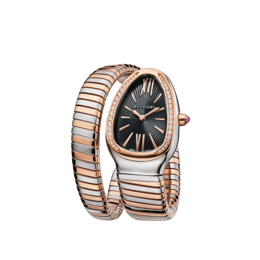 Serpenti Tubogas single spiral watch with stainless steel case, 18 kt rose gold bezel set with brilliant cut diamonds, black opaline dial, 18 kt rose gold and stainless steel bracelet. SP35BSPGD-1T-RGW image 2