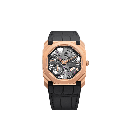 Octo Finissimo Skeleton 腕錶搭載鏤空機械機芯，手動上鍊，小秒針，動力儲存顯示，超薄 18K 玫瑰金噴砂錶殼，鏤空錶盤，黑色鱷魚皮錶帶。 102946 image 1