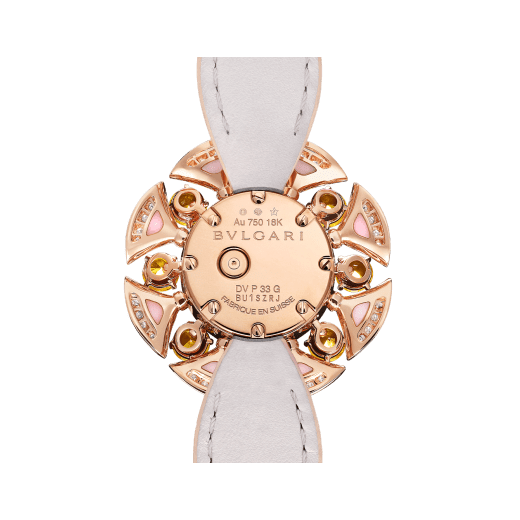 DIVAS' DREAM watch featuring a 18 kt rose gold case and petals set with round brilliant-cut diamonds, pink opal inserts and citrine, mother-of-pearl dial and pink alligator bracelet 103635 image 4