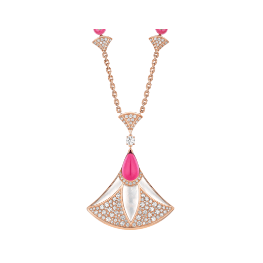 Divas' Dream necklace in 18 kt rose gold set with rubellites, mother-of-pearl elements and pavé diamonds Necklace with a double wearability and a detachable Bracelet 361950 image 1