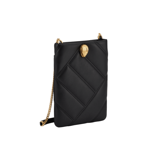 Serpenti Cabochon smart hybrid case in soft, black calf leather with maxi matelassé pattern and black nappa leather interior. Captivating, magnetic snakehead closure in gold-plated brass with with red enamel eyes. SCB-HYBRID image 1