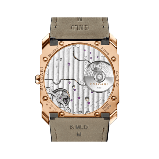 Octo Finissimo Automatic watch with mechanical manufacture movement, automatic winding, platinum microrotor, small seconds, extra-thin 18 kt satin-polished rose gold case, transparent case back, black matte dial and black alligator bracelet. Water-resistant up to 100 metres 103286 image 4