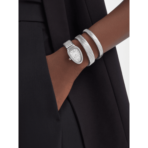 Serpenti Tubogas double spiral watch in stainless steel case and bracelet, bezel set with brilliant cut diamonds and silver opaline dial. SP35C6SDS-2T-WG image 1