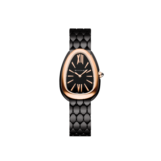 Serpenti Seduttori watch in stainless steel with black DLC treatment, 18 kt rose gold bezel and black lacquered dial. Water-resistant up to 30 metres. 103704 image 1