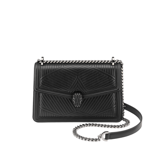 Serpenti Diamond Blast small shoulder bag in white agate quilted nappa leather with white agate smooth calf leather frames and crystal rose pink nappa leather lining. Captivating snakehead closure in palladium-plated brass embellished with black and white agate enamel scales and black onyx eyes. 922-FQDa image 1