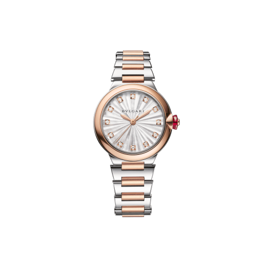 Lvcea watch in 18 kt rose gold and polished, satin-brushed stainless steel with automatic movement, white mother-of-pearl intarsio dial and 12 diamond indexes. Water-resistant up to 50 metres 103730 image 1
