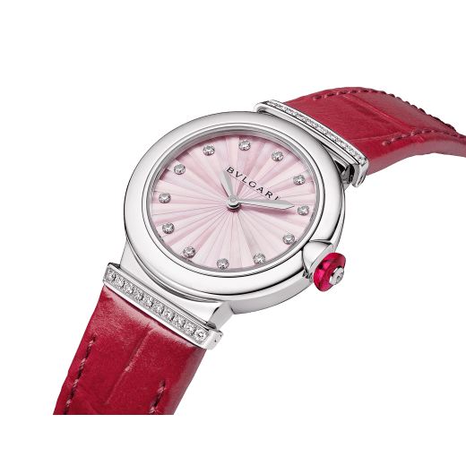 LVCEA Lady Watch , 28 mm stainless steel case and crown with a synthetic cabochon-cut rubellite, and 1 round diamond. Pink mother-of-pearls dial intarsio marquetery with 12 round brilliant cut diamonds indexes. Quartz movement, B043 caliber customized and decorated with Bulgari logo hours minutes functions. Pink alligator strap with stitches links to the case set with diamonds and steel ardillon buckle. Water proof 50 m. 103619 image 3