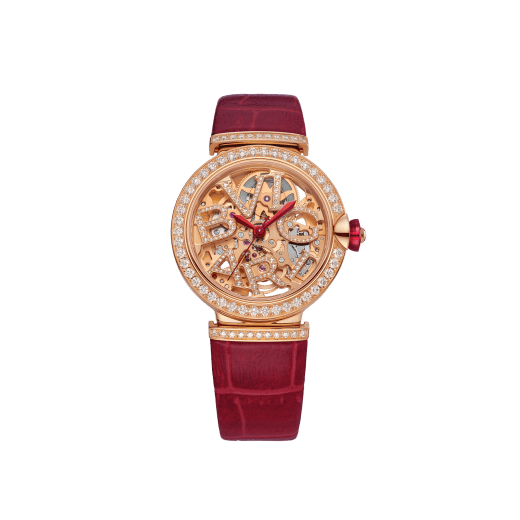 LVCEA Skeleton watch with mechanical manufacture movement, automatic winding, 18 kt rose gold case set with diamonds, openwork BVLGARI logo dial set with diamonds and red alligator bracelet 102833 image 1