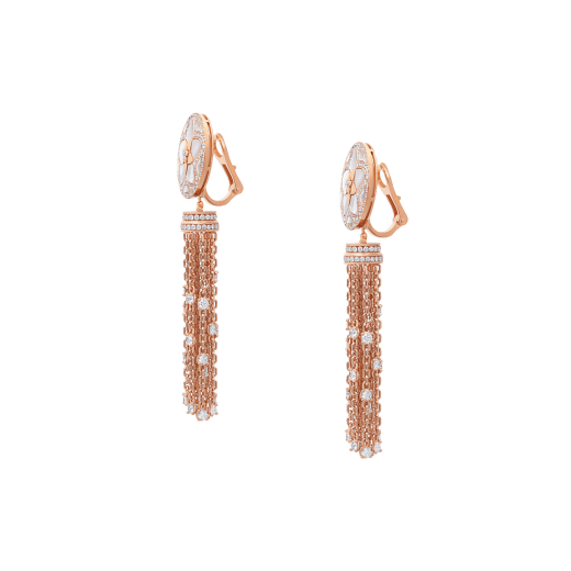 Jannah Flower 18 kt rose gold earrings set with mother-of-pearl inserts and pavé diamonds, and with an 18 kt rose gold and pavé diamond tassel 358488 image 2