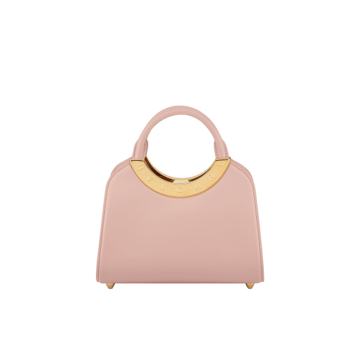 Bvlgari Roma small top handle bag in black Metropolitan calf leather with black nappa leather lining. Iconic metal detail in antique gold-plated brass engraved with the Bvlgari logo, and press button closure. BVR-001-1270S image 2