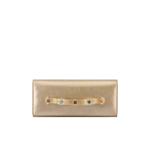 Bvlgari Tubogas Cabochon evening clutch in gold striated calf leather with crystal rose nappa leather lining. Iconic Tubogas handle in gold-plated brass embellished with coloured cabochon hard stones, zirconia and magnetic closure. 295471 image 1