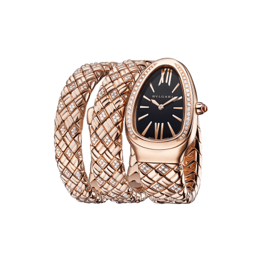Serpenti Spiga Lady watch with quartz movement, 35 mm 18 kt rose gold case set with diamonds, 18 kt rose gold crown set with a cabochon-cut rubellite, black dial and double-spiral 18 kt rose gold bracelet set with diamonds. Quartz movement, hours, minutes functions. Size S-135 mm SERPENTI-SPIGA-2TBLACKDIALDIAM image 2