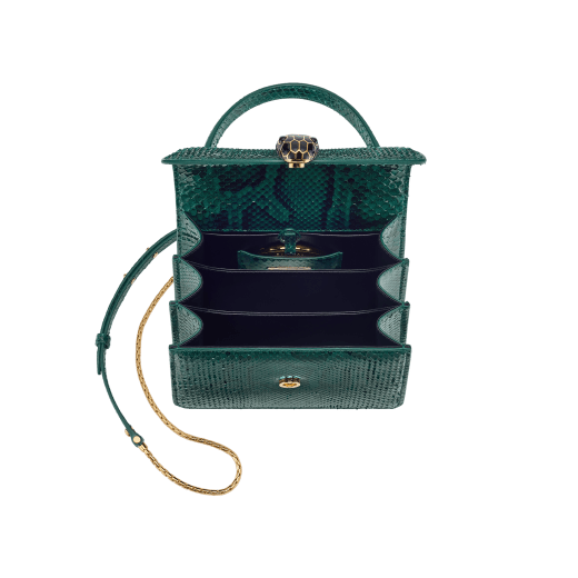 Serpenti Forever top handle bag in multicolour Early Bright python skin with caramel topaz beige nappa leather lining. Captivating snakehead closure in light gold-plated brass embellished with black and caramel topaz beige enamel scales and black onyx eyes. 1122-P image 4