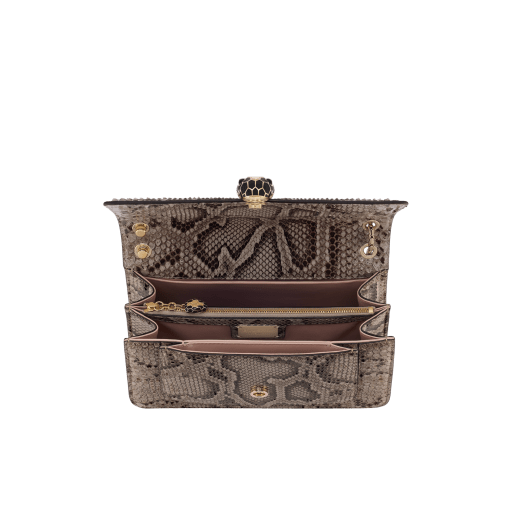 Serpenti Forever medium shoulder bag in foggy opal grey shiny python skin with crystal rose nappa leather lining. Captivating snakehead magnetic closure in light gold-plated brass embellished with black enamel and light gold-plated brass scales, and black onyx eyes. 293336 image 4