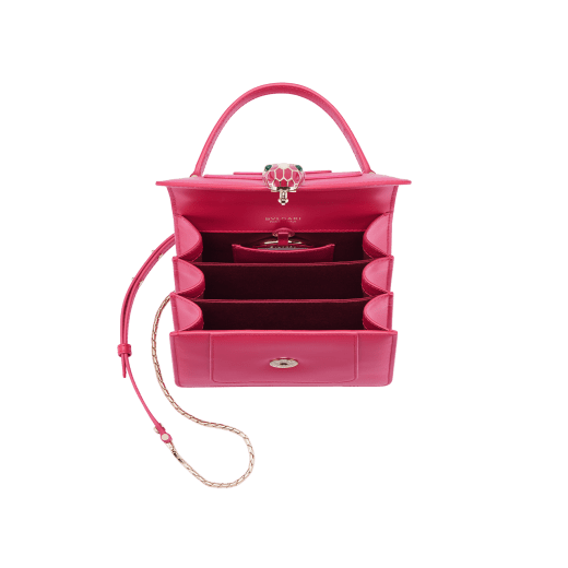“Serpenti Forever ” top-handle bag in Lavender Amethyst lilac calf leather with Reef Coral red grosgrain inner lining. Iconic snakehead closure in light gold-plated brass embellished with black and white agate enamel and green malachite eyes. 1122-CLb image 4
