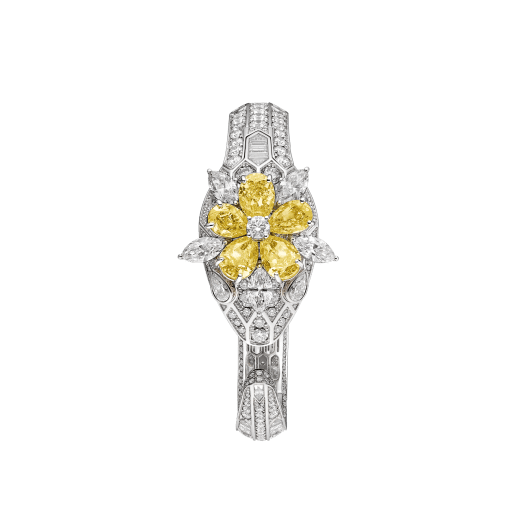 Serpenti Misteriosi Secret Watch with 18 kt white gold head set with brilliant-cut, baguette-cut and marquise-shaped diamonds, pear-shaped yellow diamonds and diamond eyes, 18 kt white gold case, dial and bracelet all set with brilliant-cut diamonds 103036 image 1