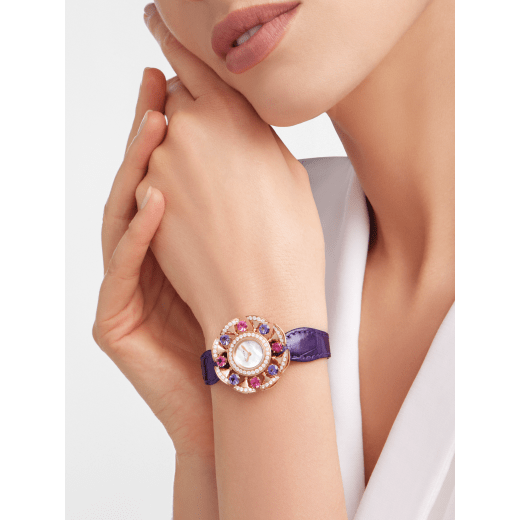 DIVAS' DREAM watch with 18 kt rose gold case set with round brilliant-cut diamonds, amethysts and tourmaliness, white mother-of-pearl dial and purple alligator bracelet. Water resistant up to 30 metres 103753 image 1