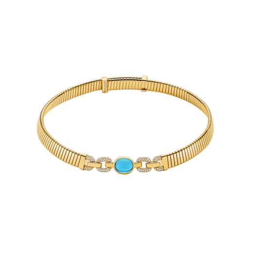 Bvlgari Tubogas 18 kt yellow gold necklace set with a central blue topaz and pavé diamonds. One size with adjustable fastening. 361996 image 1