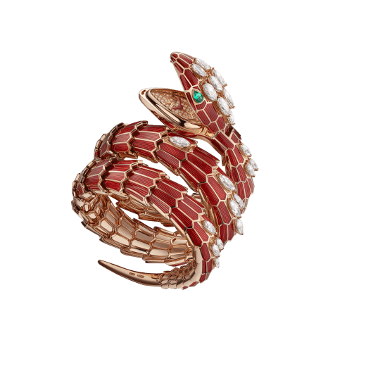 Serpenti Secret Watch with 18 kt rose gold head and double spiral bracelet, both coated with red lacquer and set with marquise-cut diamonds, emerald eyes and 18 kt rose gold dial set with brilliant cut diamonds. 102527 image 1