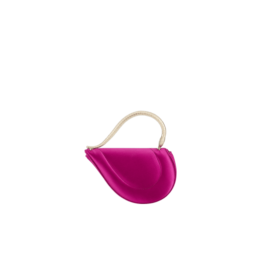 Serpenti Cuoricino mini top handle bag in magenta satin with magenta nappa leather lining. Captivating snake body-shaped top handle in light gold-plated brass embellished with engraved scales; press-button closure. SRN-001-1366XS image 2