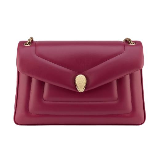 Serpenti Reverse medium shoulder bag in Sahara amber light brown quilted Metropolitan calf leather with taffy quartz pink nappa leather lining. Captivating snakehead magnetic closure in gold-plated brass embellished with red enamel eyes. 1223-MCL image 11