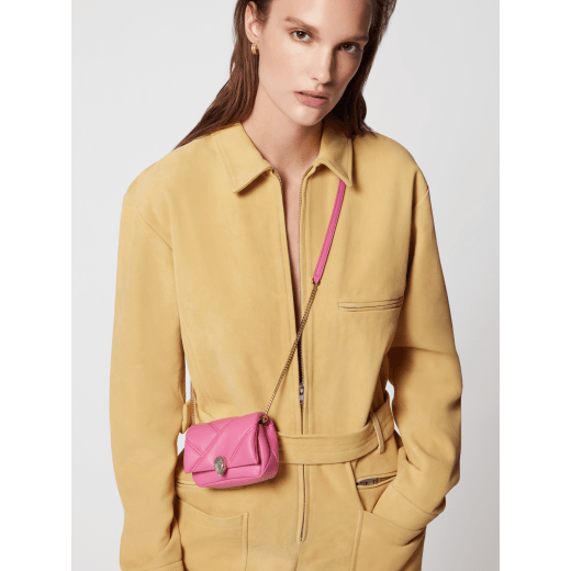 Serpenti Cabochon micro bag in sun citrine yellow calf leather with a maxi matelassé pattern and taffy quartz pink nappa leather interior. Captivating snakehead magnetic closure in light gold-plated brass embellished with red enamel eyes. SCB-NANOCABOCHONb image 1