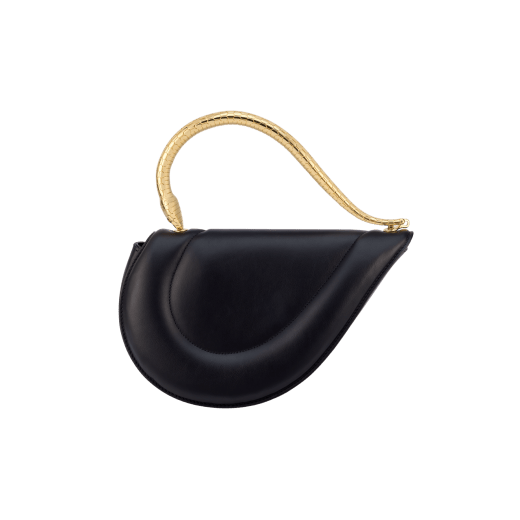 Serpenti Cuore 1968 medium top handle bag in black calf leather with black nappa leather lining. Captivating snake body-shaped top handle in gold-plated brass embellished with engraved scales and zirconia eyes; press-button closure. 294670 image 5