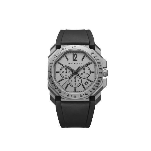 Octo L'Originale watch with mechanical manufacture movement, integrated high-frequency chronograph (5Hz), column wheel mechanism, silicon escapement, automatic winding and date, titanium case and dial, and black rubber bracelet 102859 image 1