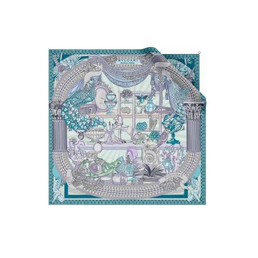 Bvlgari Curiosity scarf in fine gold silk with a BVLGARI BVLGARI metal pendant. Made of 100% silk. BULGARICURIOSITYSQ image 1