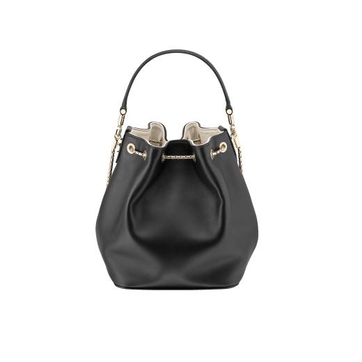 "Serpenti Forever" bucket in white agate smooth calf leather and mint nappa internal lining. Hardware in light gold plated brass and snakehead closure in black and white agate enamel, with eyes in black onyx. 934-CLa image 3