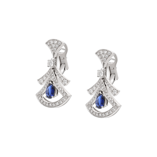 DIVAS' DREAM 18 kt white gold openwork earrings, set with pear-shaped sapphires, round brilliant-cut and pavé diamonds. 357324 image 2