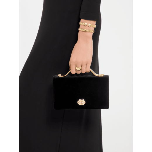 Tubogas Top Handle bag in black velvet with black nappa leather lining. Iconic Tubogas handle in gold-finished brass with Parentesi details and clasp closure, both set with zirconia. 295644 image 1