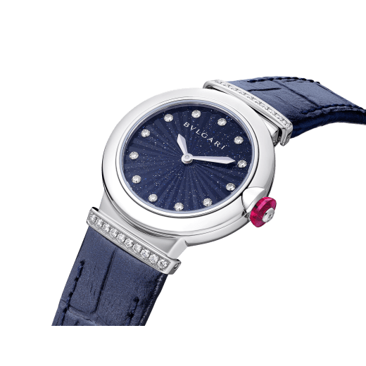 LVCEA watch with stainless steel case, stainless steel links set with brilliant-cut diamonds, blue aventurine marquetry dial, 12 diamond indexes and blue alligator bracelet. Water-resistant up to 50 metres. 103617 image 2