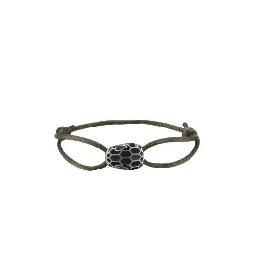 "Serpenti Forever" bracelet in Mimetic Jade green fabric with a dark ruthenium-plated brass tempting snakehead décor enamelled in black, with seductive black enamel eyes. SERP-STRINGb image 1