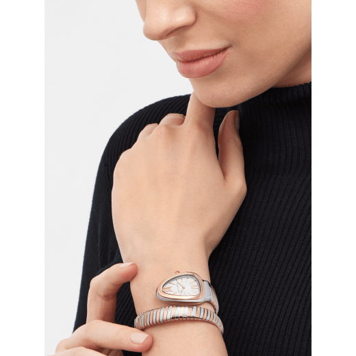Serpenti Tubogas single-spiral watch in 18 kt rose gold and stainless steel with white opaline dial with guilloché soleil treatment. Water-resistant up to 30 meters. 103708 image 4