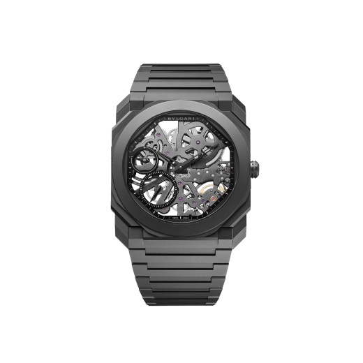 Octo Finissimo Skeleton watch in black ceramic with extra-thin skeletonized mechanical manufacture movement, manual winding, small seconds and power reserve indication. Water-resistant up to 30 meters. 103126 image 1